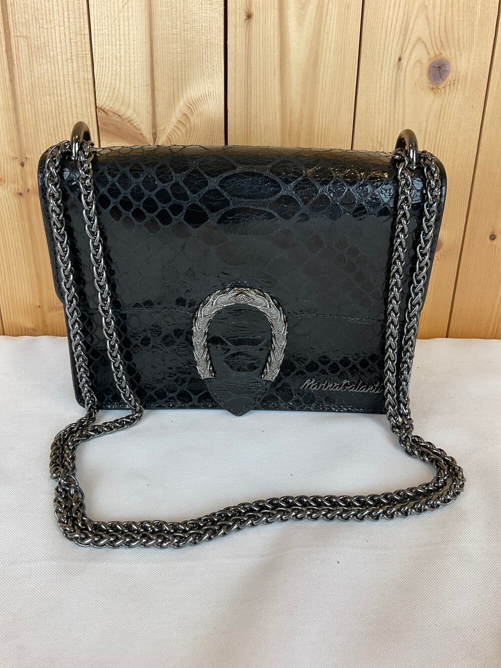 Marina Galanti Snakesin-Embossed Shoulder Bag- Black, about 8x6x2 inches